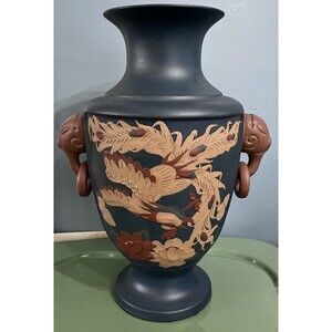 Large Chinese Yixing Zisha Clay Vase Dragons & Phoenix Blue Matte Carved Pottery